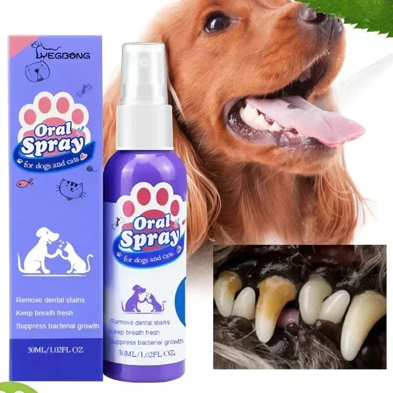 Dog oral spray product with packaging and a close-up of a dog's teeth.